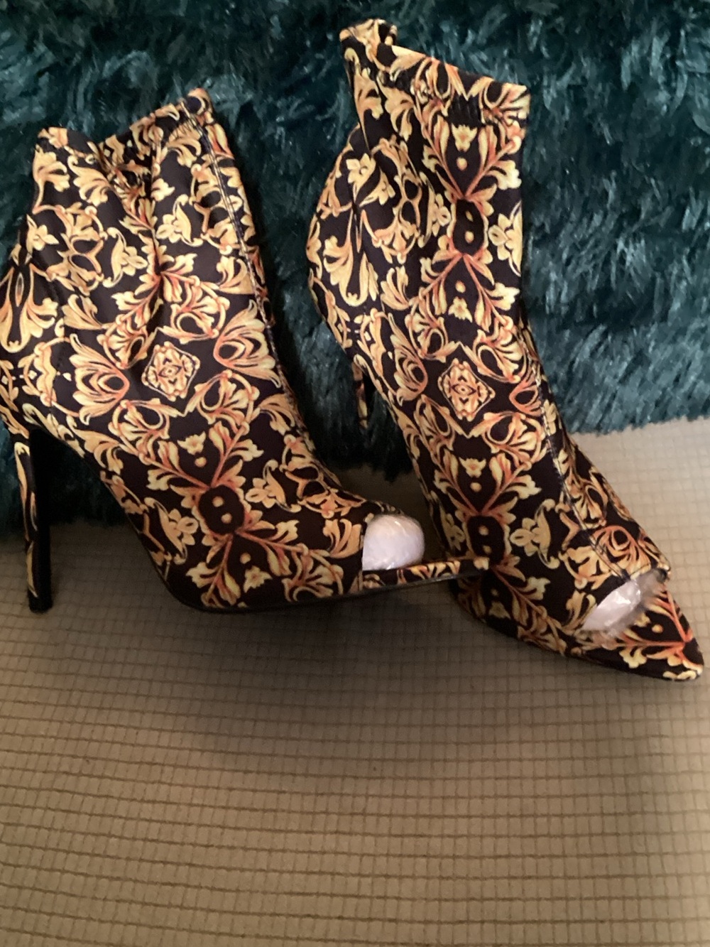 Cape Robbin Black and Gold Ornate Peep-Toe Stiletto Booties